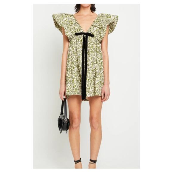 o.p.t Didi Dress Green Floral Puff Sleeve Mini Velvet Bow Size S (Zipper Issue) - Picture 4 of 15